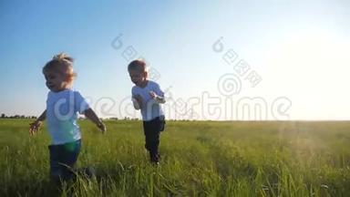 小朋友在一个夏天的草地上奔跑.. 金发兄妹在户外玩得很开心。
